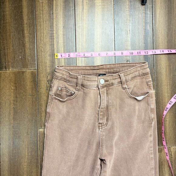 CiderSz S Brown Flare Denim Jeans High Waist Fall Belt Loop Pockets Frayed Hem - Picture 2 of 9